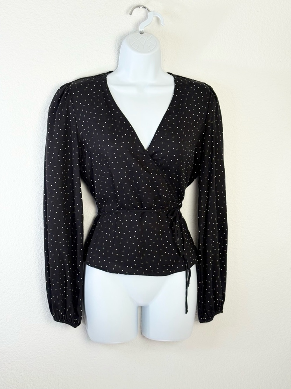 Reformation Alaina Black White Polka Dot Wrap Blouse Sz S